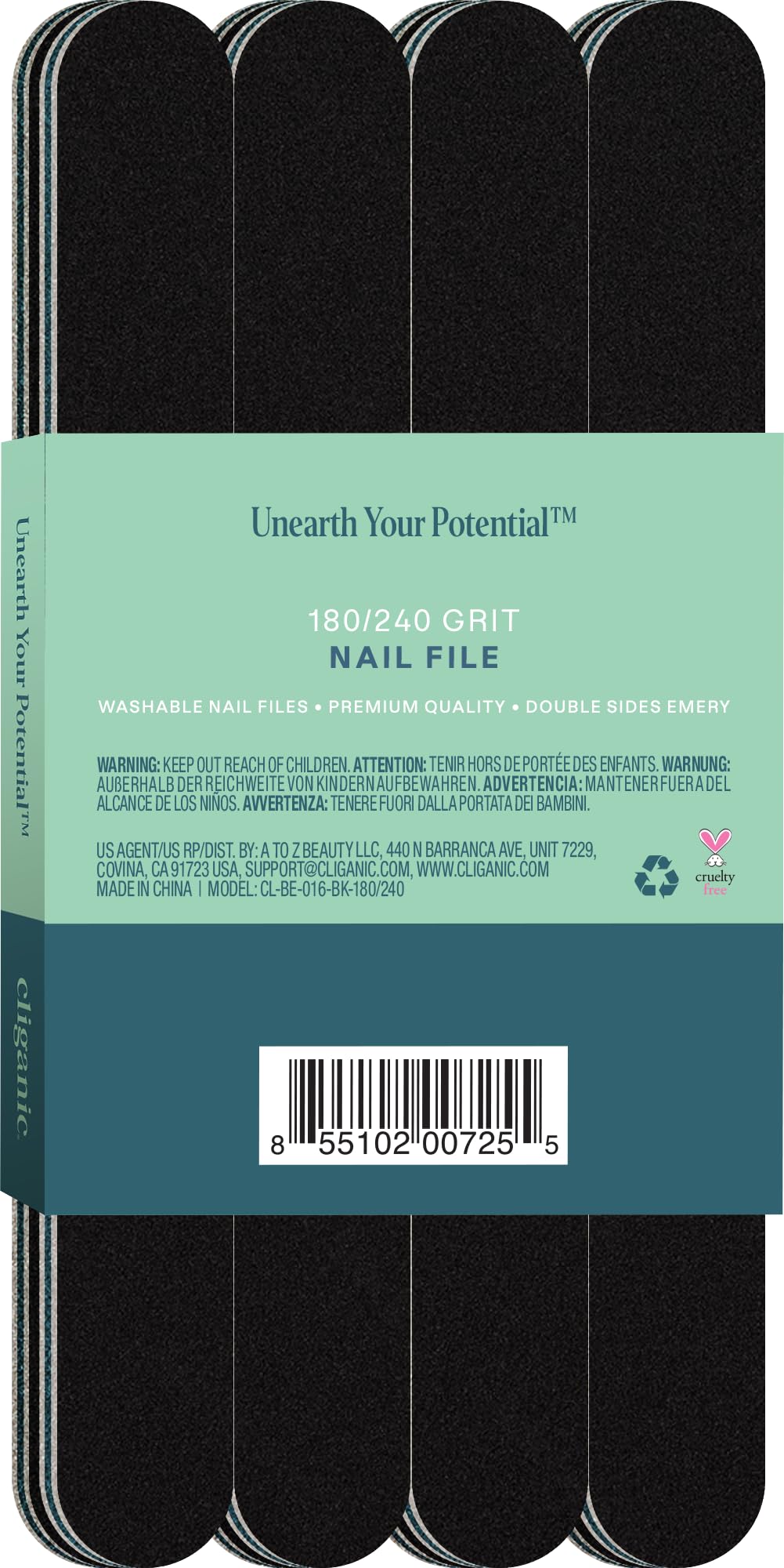 180/240 Grit , Black : 12 Pack Nail File Set: 180/240 Grit | Professional Washable Double Sided Emery Board - Buffer Files Kit | Cliganic 90 Days Warranty